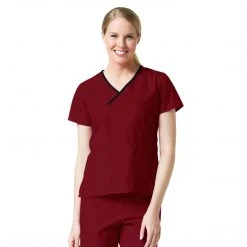 Maevn Core Contrast Y- Neck Mock Wrap Top Style - 1026 Sizes XXS - 5XL Womens Medical