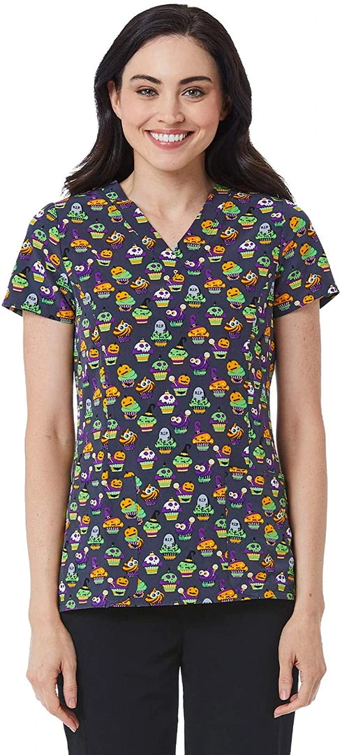 Maevn 1767 SPT Spooky Treats Printed V-Neck Scrub Top Sizes S To 2XL Womens Medical