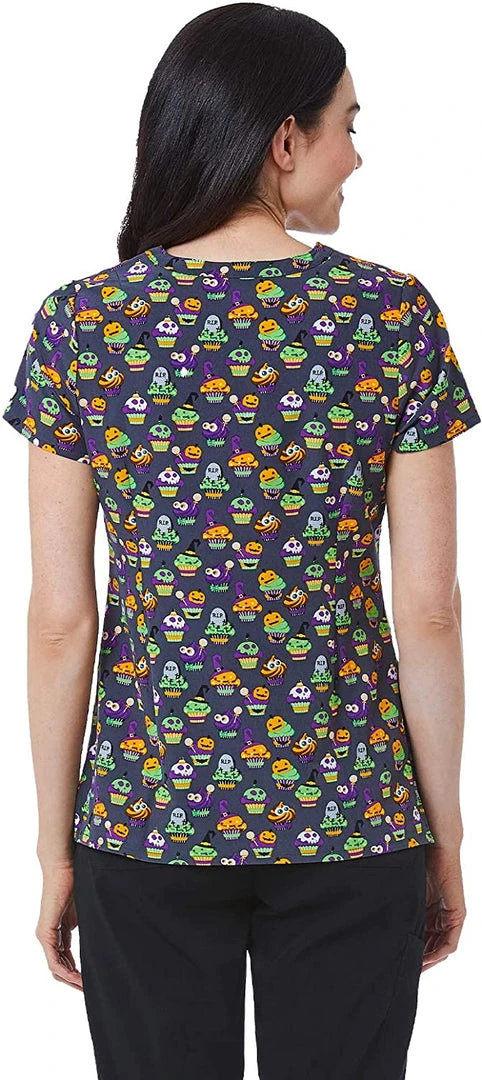 Maevn 1767 SPT Spooky Treats Printed V-Neck Scrub Top Sizes S To 2XL Womens Medical