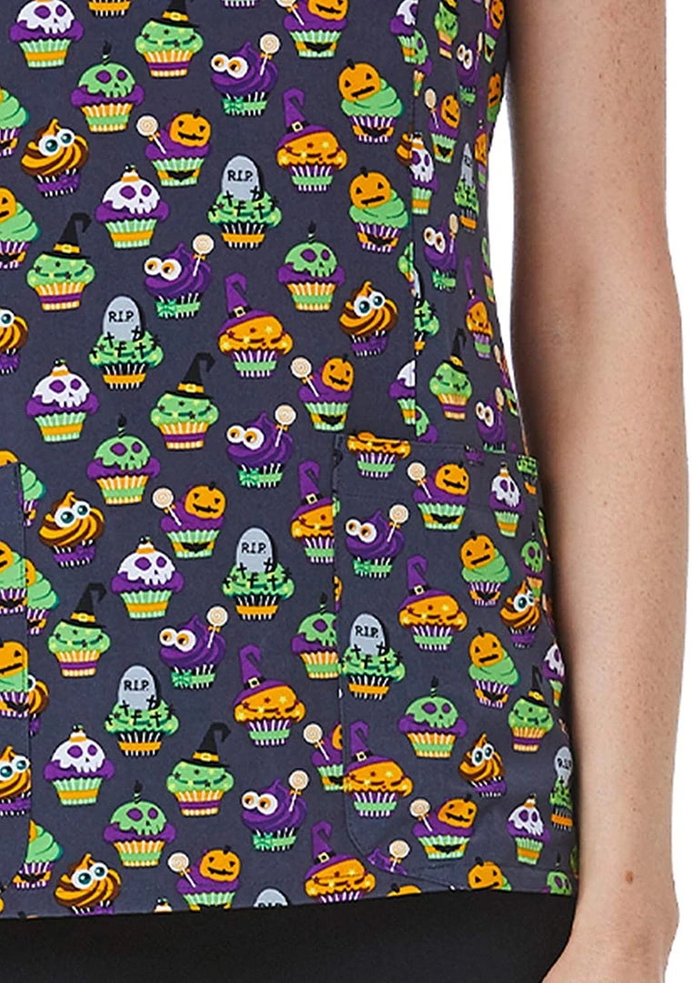 Maevn 1767 SPT Spooky Treats Printed V-Neck Scrub Top Sizes S To 2XL Womens Medical