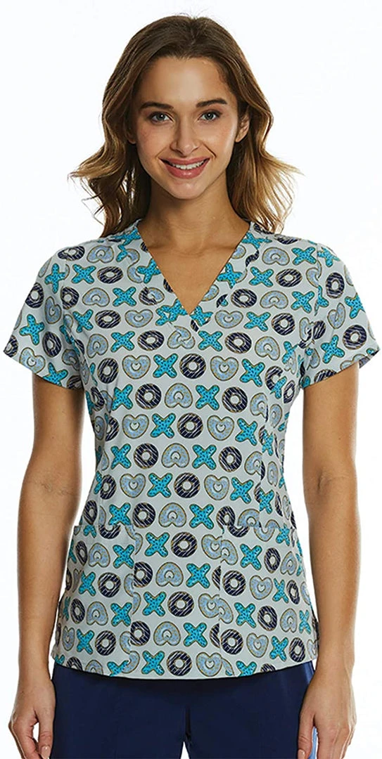 Maevn Women's Curved V-Neck Print Scrub Top 1767 TTD Sizes XS To 3XL Womens Medical
