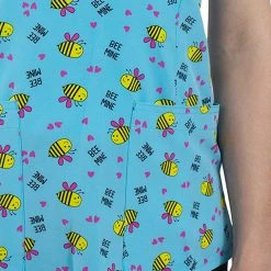 Womens Medical Maevn 1767 BEM Bee Mine Bees Printed Curved V-Neck Top Sizes M & L