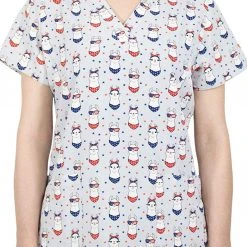 Maevn 1767 HFL Have A Fabullama 4th Printed V-Neck Scrub Top Sizes XS To 2XL Womens Medical