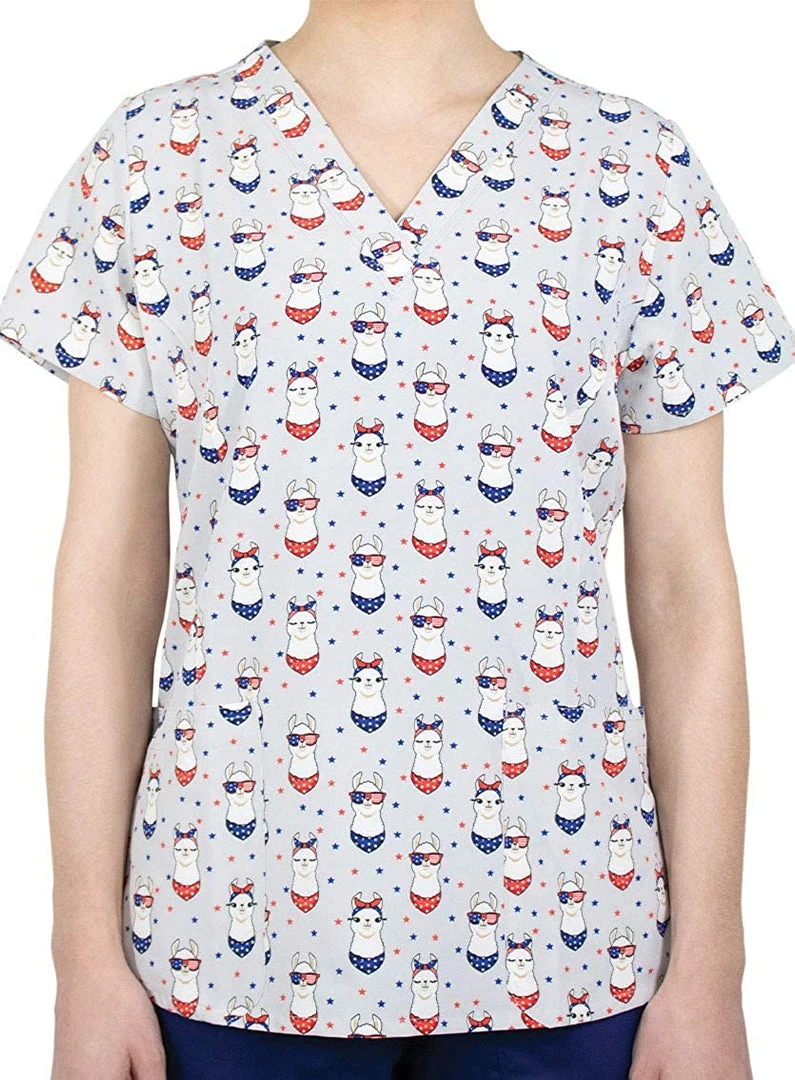 Maevn 1767 HFL Have A Fabullama 4th Printed V-Neck Scrub Top Sizes XS To 2XL Womens Medical