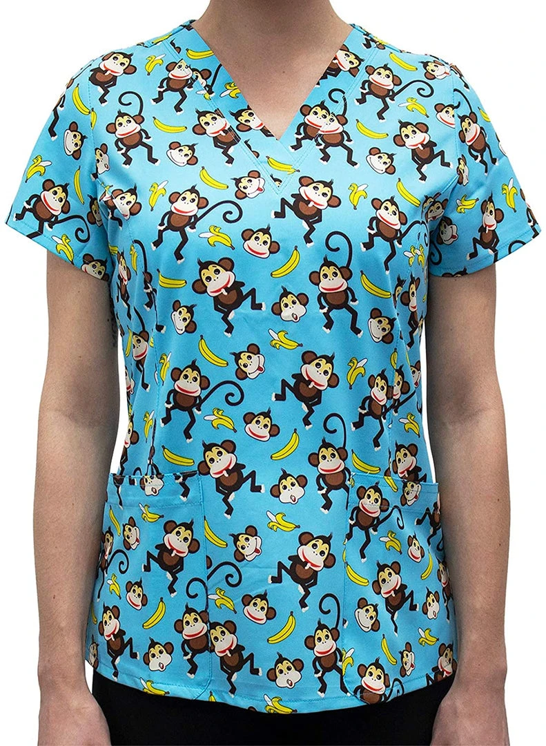 Maevn 1767 MOB Monkey Business Printed V-Neck Scrub Top Sizes S & M Womens Medical