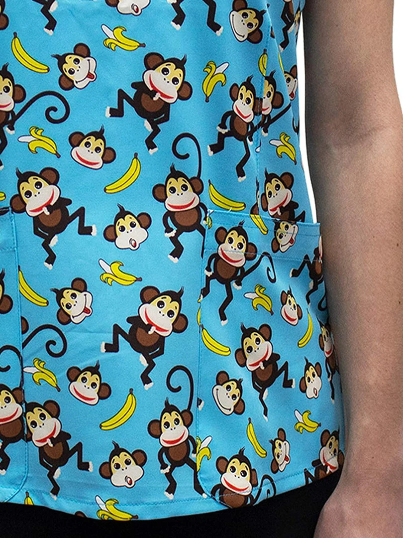 Maevn 1767 MOB Monkey Business Printed V-Neck Scrub Top Sizes S & M Womens Medical